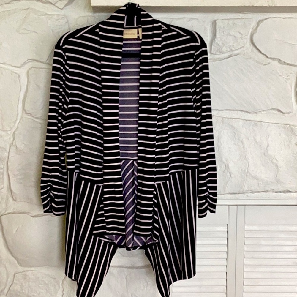 Chicos silky fabric jacket black white striped tuxedo design lapels long front
